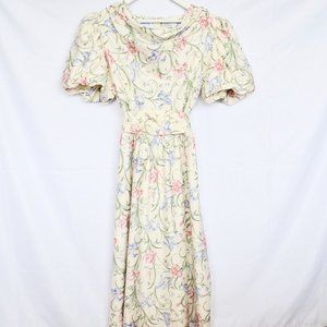 Leslie Fay for Lord & Taylor Vintage Creme Floral Puff Sleeve Dress